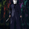A stylized illustration of Michael Myers standing in front of a shadowy crowd of horror figures.