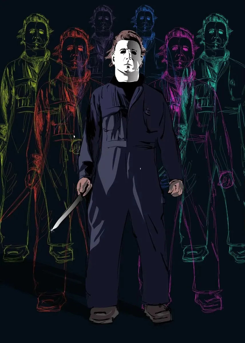 A stylized illustration of Michael Myers standing in front of a shadowy crowd of horror figures.