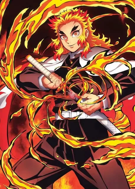 A dynamic illustration of Kyojuro Rengoku with flowing flames, suitable for a 5D diamond painting kit.