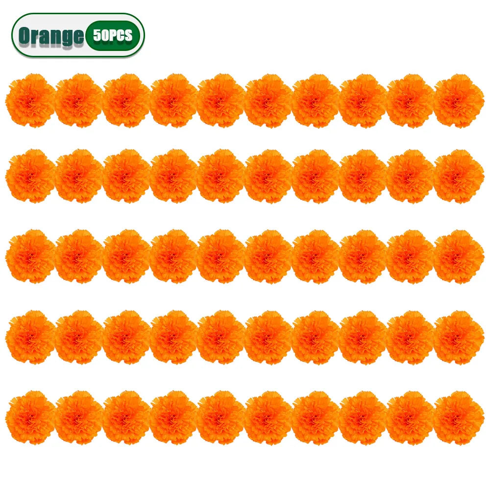 A set of 50 artificial orange marigold and carnation flowers for festive decoration.