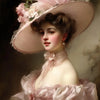A portrait of a woman wearing a large pink hat and flowing pink dress.