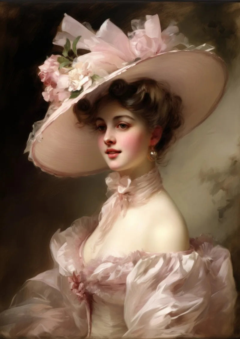 A portrait of a woman wearing a large pink hat and flowing pink dress.