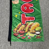 A green feather flag advertising banner featuring a large red taco design with various Mexican food ingredients.