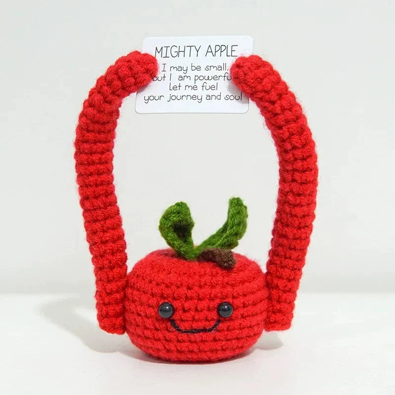 Handmade crochet apple doll in red with an inspirational card