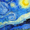 Van Gogh-inspired canvas wall art depicting a swirling blue night sky and yellow crescent moon over rolling hills.