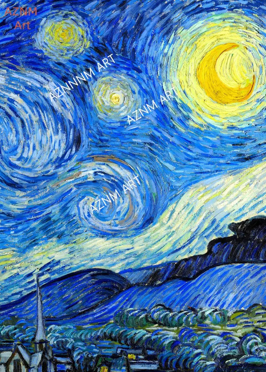 Van Gogh-inspired canvas wall art depicting a swirling blue night sky and yellow crescent moon over rolling hills.