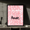 Abstract pink script quote wall art print featuring the word Amore on a black background