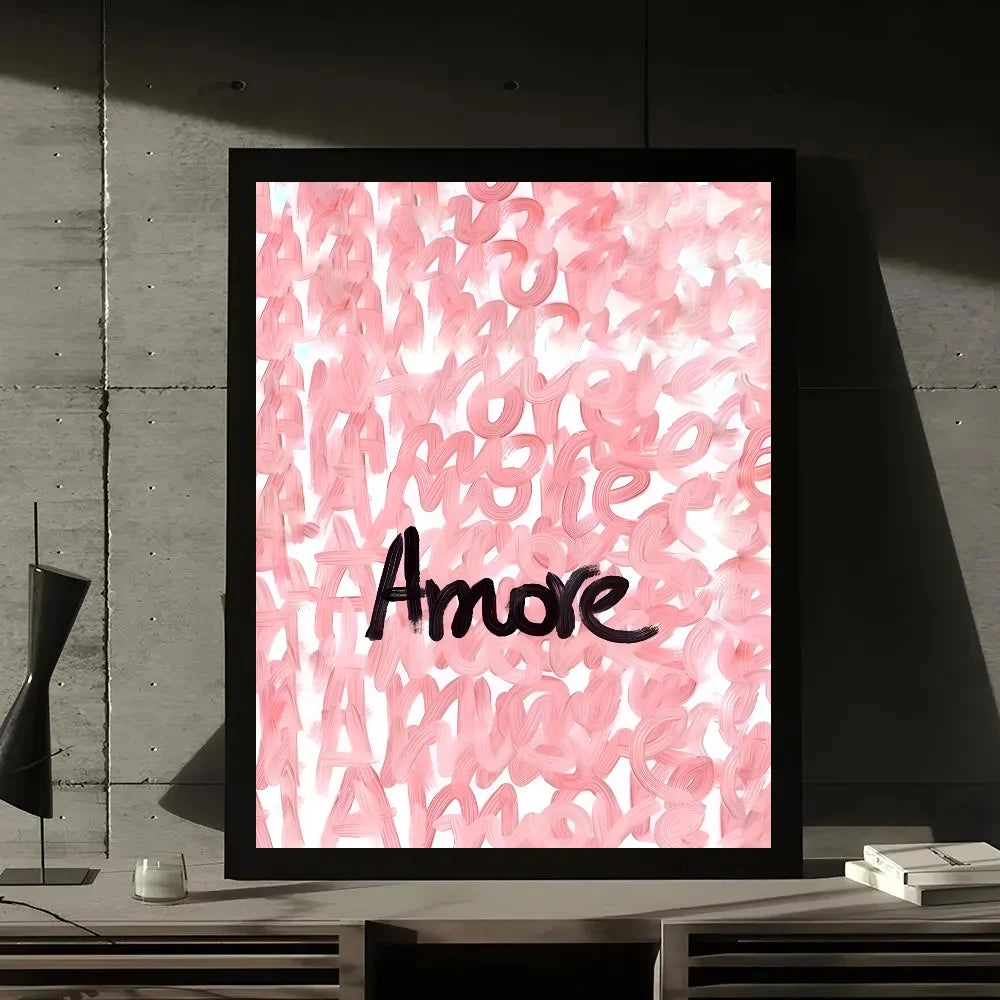Abstract pink script quote wall art print featuring the word Amore on a black background