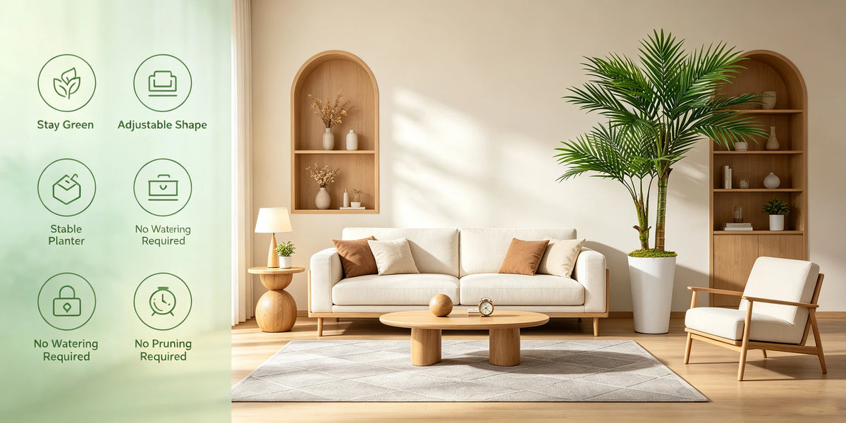 A faux artificial areca palm tree in a white pot displayed in a modern living room setting.