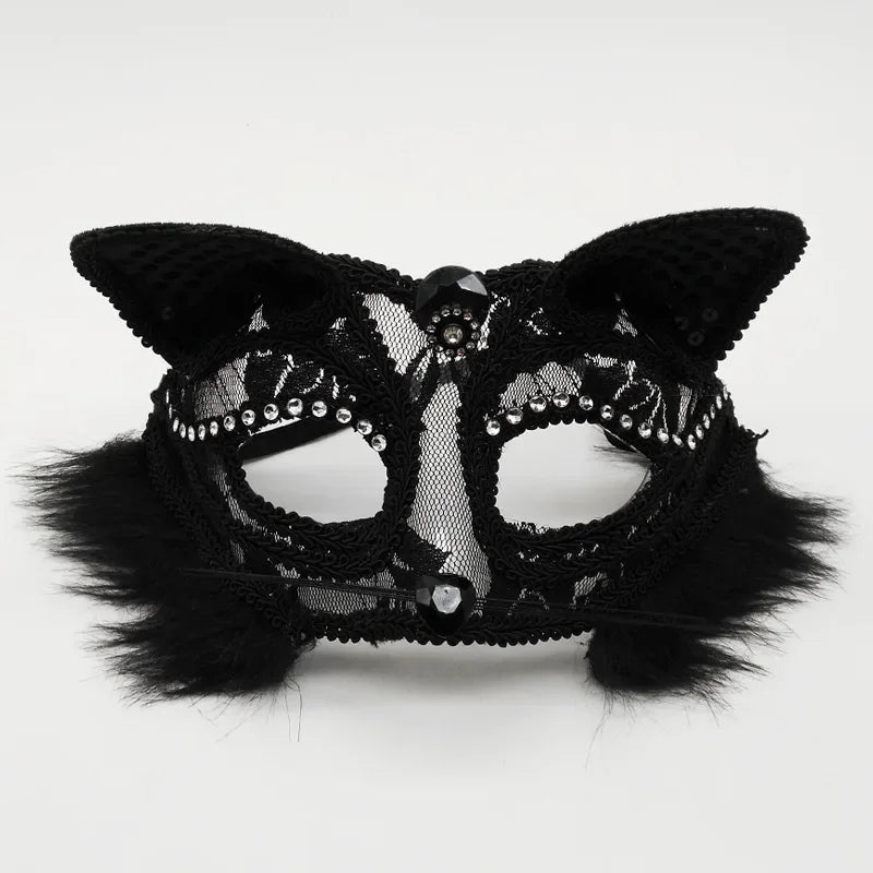 Black lace half-face mask with feathers and rhinestones for masquerade or cosplay