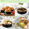 Square aluminum foil baking boxes with transparent lids containing various food items.