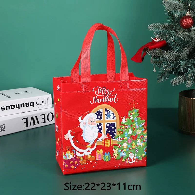 A red non-woven gift tote bag featuring a festive Christmas design with Santa and a decorated tree.