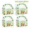 Four paper gift boxes for a dinosaur party set featuring green and beige tropical patterns.