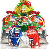 A set of three festive Christmas drawstring gift bags in red, green, and gold foil packaging.