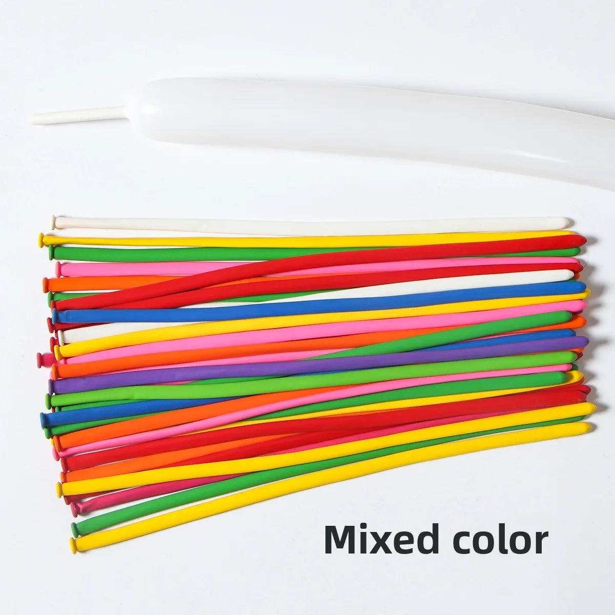 A collection of mixed color latex strip balloons and a white nozzle are displayed on a white background.