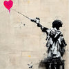 A black and white painting in the style of Banksy featuring a silhouette of a figure holding a red heart balloon against a li
