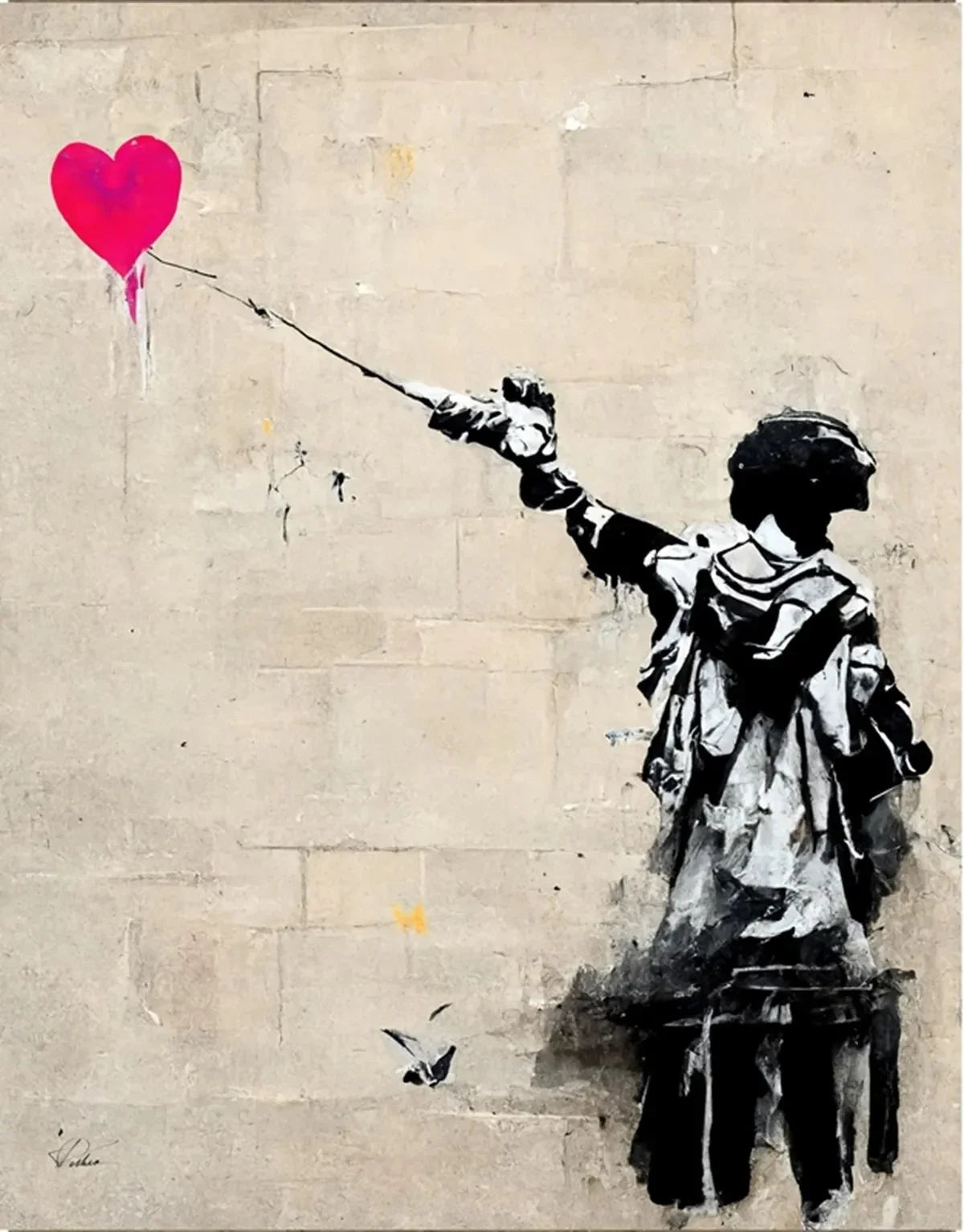 A black and white painting in the style of Banksy featuring a silhouette of a figure holding a red heart balloon against a li