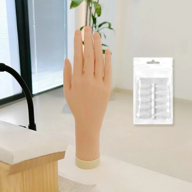 A hand model demonstrates a silicone nail practice hand for manicure training, placed next to a clear plastic storage case.