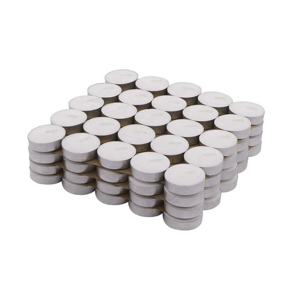 A grid of classic white tealight candles arranged in a square pattern.
