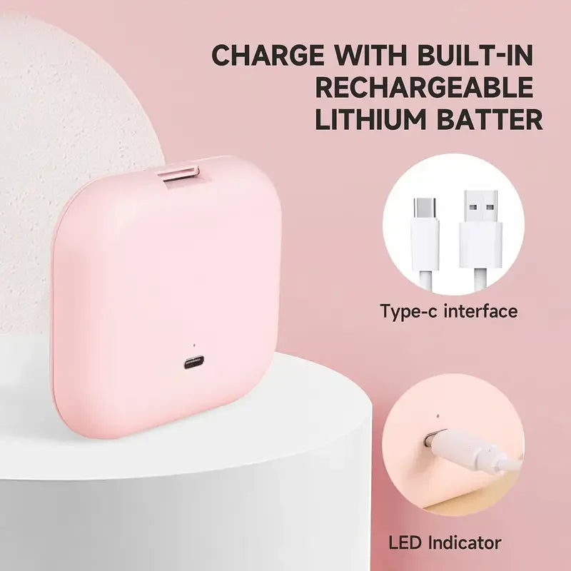 A pink portable folding makeup mirror is shown next to diagrams illustrating its rechargeable lithium battery and Type-c inte