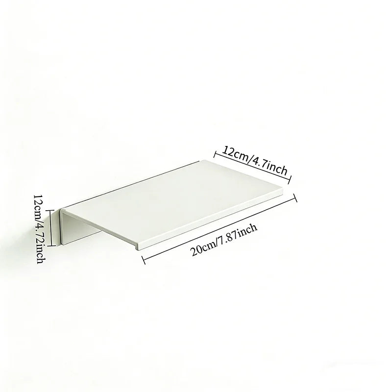 A white no-drill aluminum floating wall shelf measuring 20cm by 12cm with a 4.7 inch thickness.