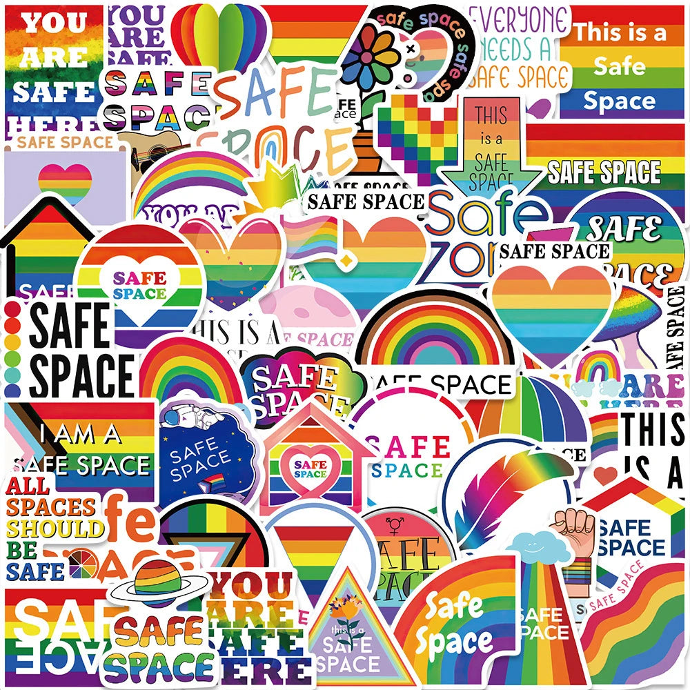 A colorful sticker pack featuring rainbow graffiti designs for various surfaces.