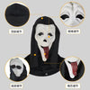 A black screaming skeleton horror mask with white face and a red tongue, shown with various detail views.