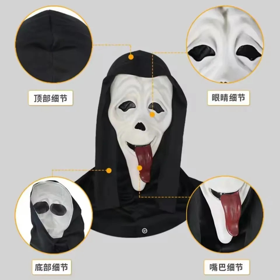 A black screaming skeleton horror mask with white face and a red tongue, shown with various detail views.
