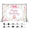 A floral backdrop banner featuring a pink bow tie design for a birthday party.