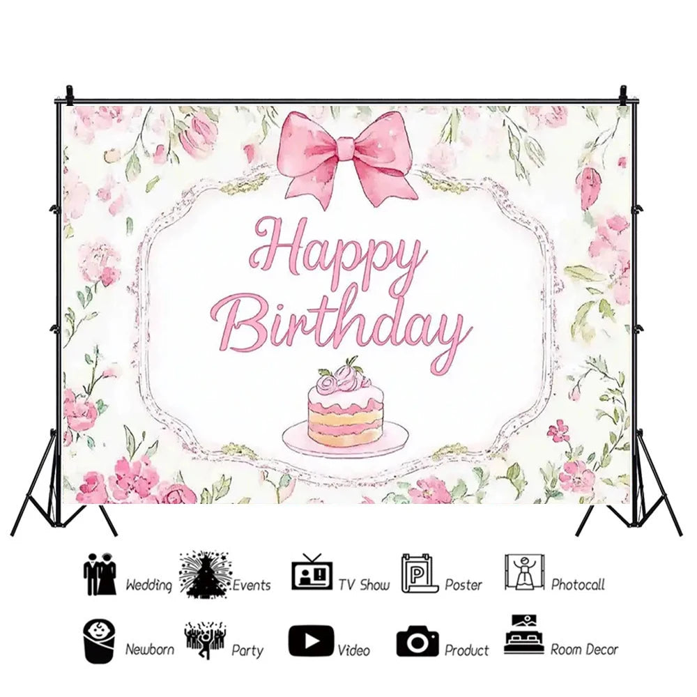 A floral backdrop banner featuring a pink bow tie design for a birthday party.