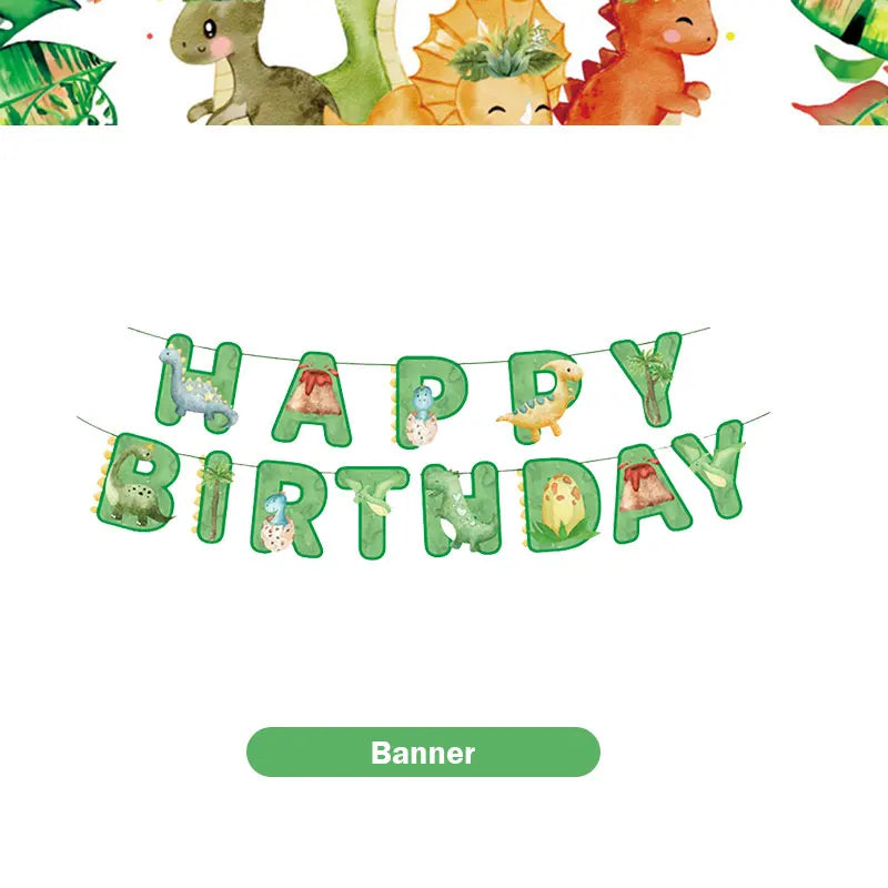 A banner made of green dinosaurs spells out HAPPY BIRTHDAY with colorful dinosaur illustrations.