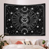 A black tapestry wall hanging featuring a psychedelic sun and moon mandala design with intricate geometric patterns.