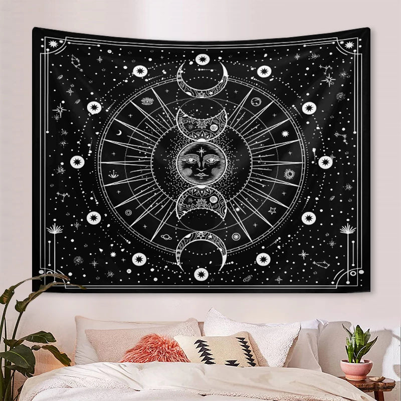 A black tapestry wall hanging featuring a psychedelic sun and moon mandala design with intricate geometric patterns.