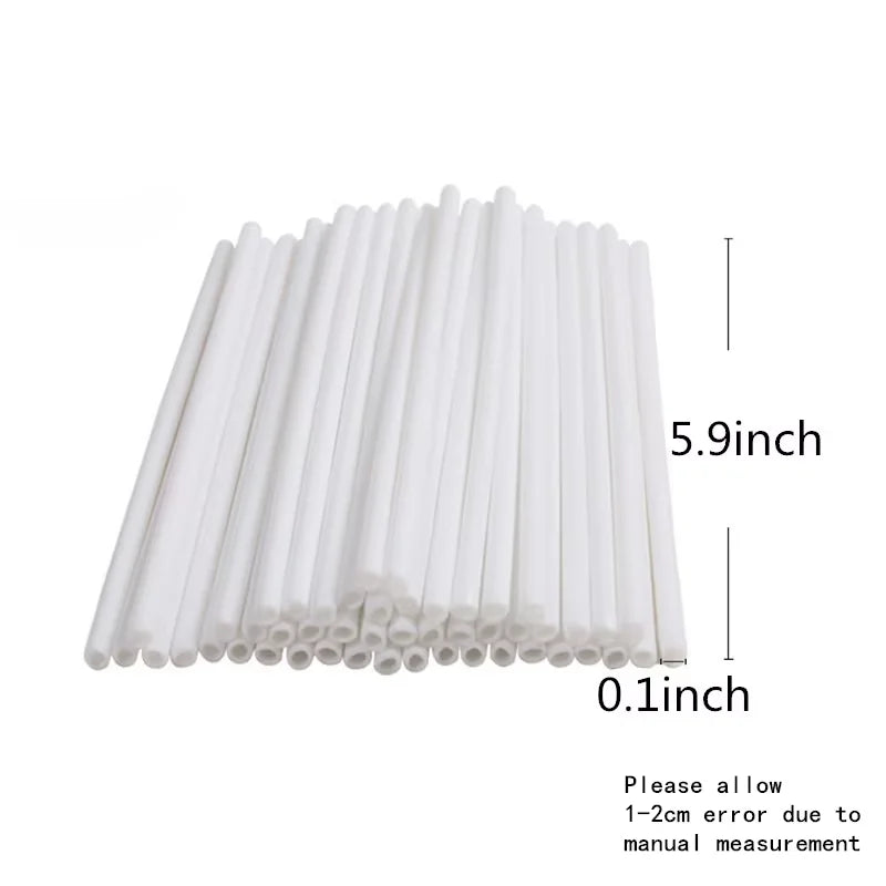 A stack of white lollipop sticks, measuring 5.9 inches long and 0.1 inches in diameter.