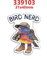 A bird nerd acrylic flatback charm featuring a colorful blue and yellow bird standing on its feet.