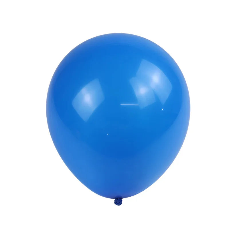 A single, glossy blue latex balloon against a white background.