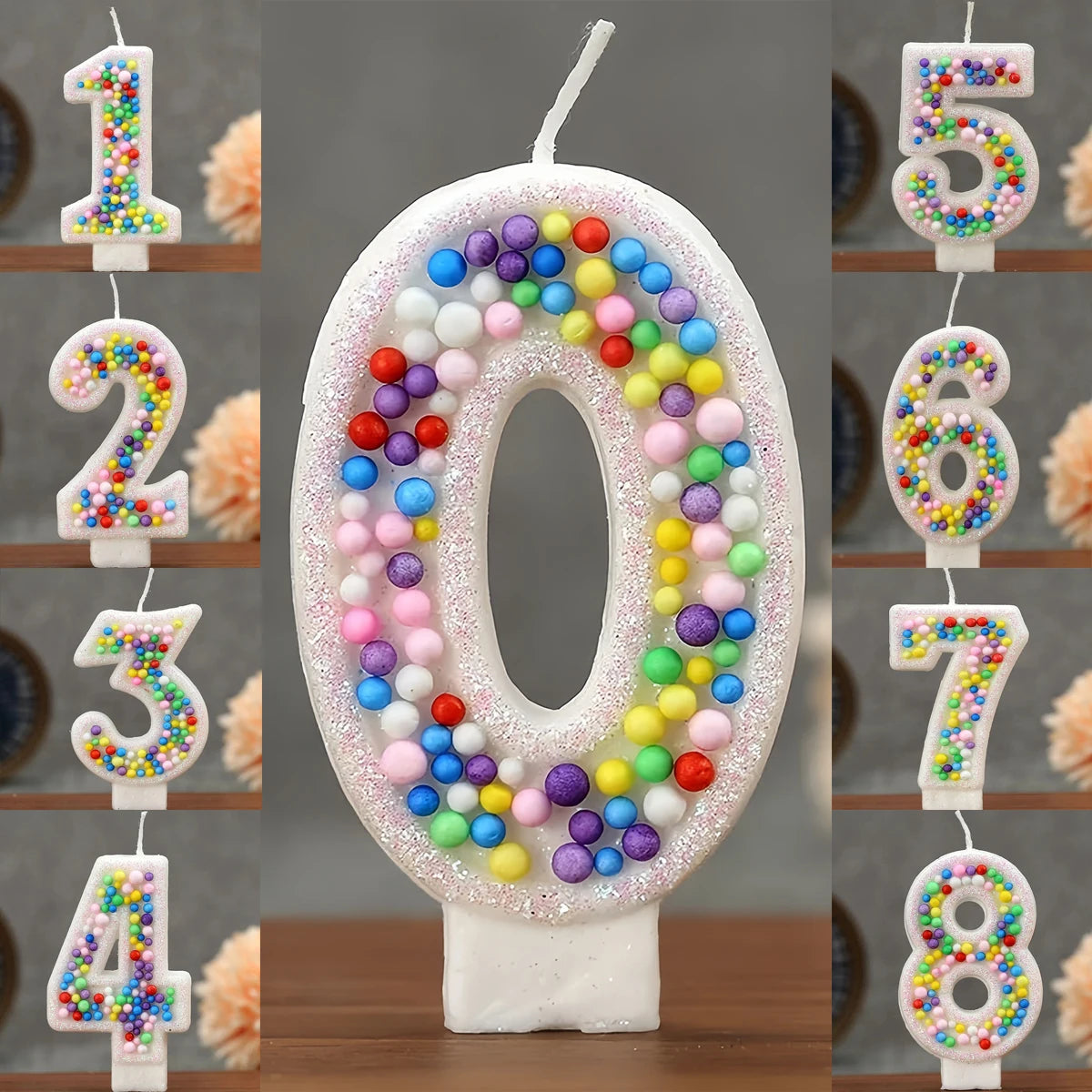 Glitter number birthday candles featuring colorful candy beads for ages 1 through 8