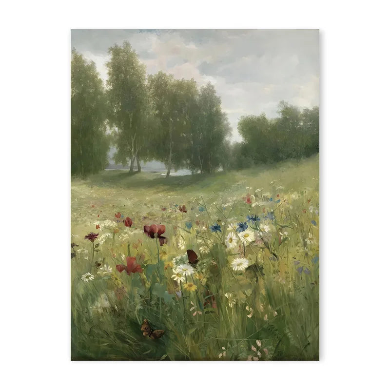A painting of a grassy field filled with wildflowers and trees under a cloudy sky.