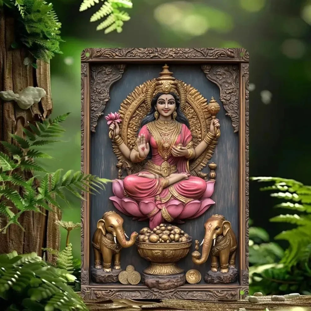 A metal wall art statue of Goddess Durga and Lakshmi seated in an ornate frame surrounded by elephants.