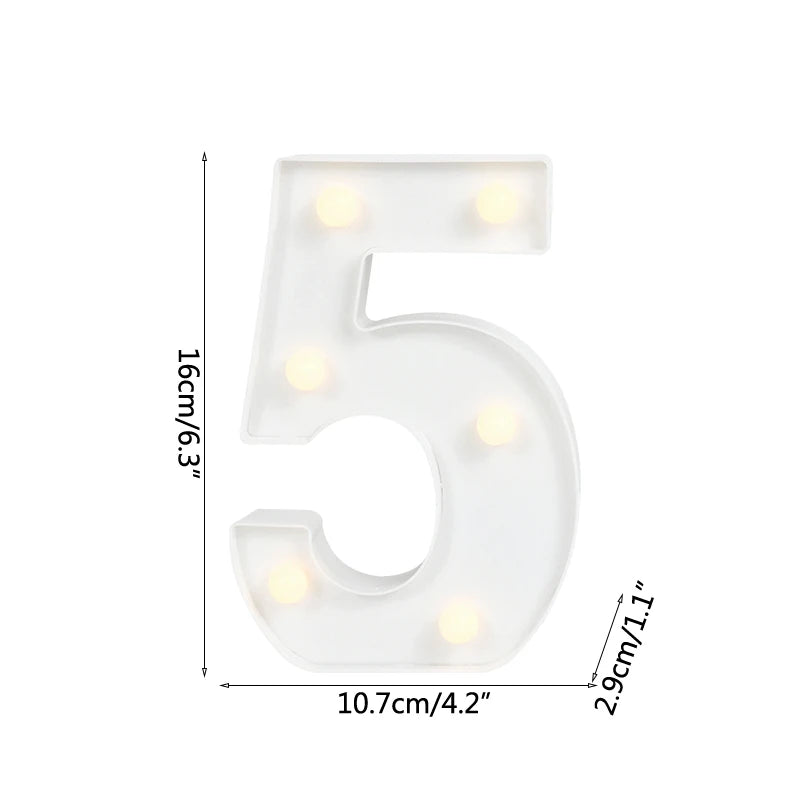 A white alphabet letter light shaped like the number five with warm white LED illumination.