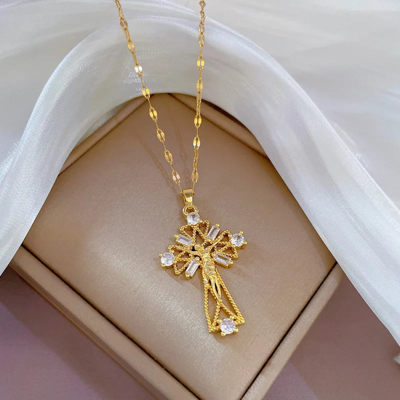 Gold Stainless Steel Crystal Cross Pendant Necklace