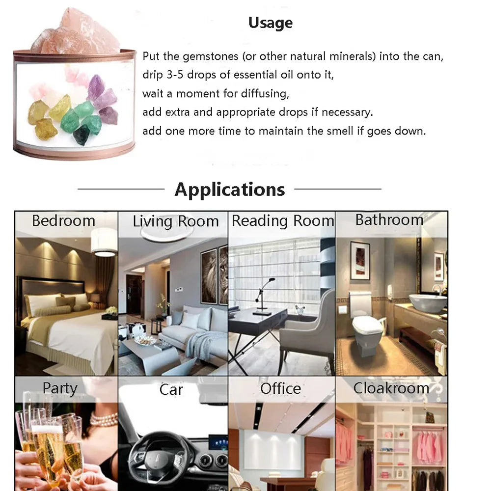 A set of natural raw healing crystal stones for chakra balancing and home decor shown in various applications.