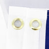 A white flag banner with a gold grommet is shown against a blue background.
