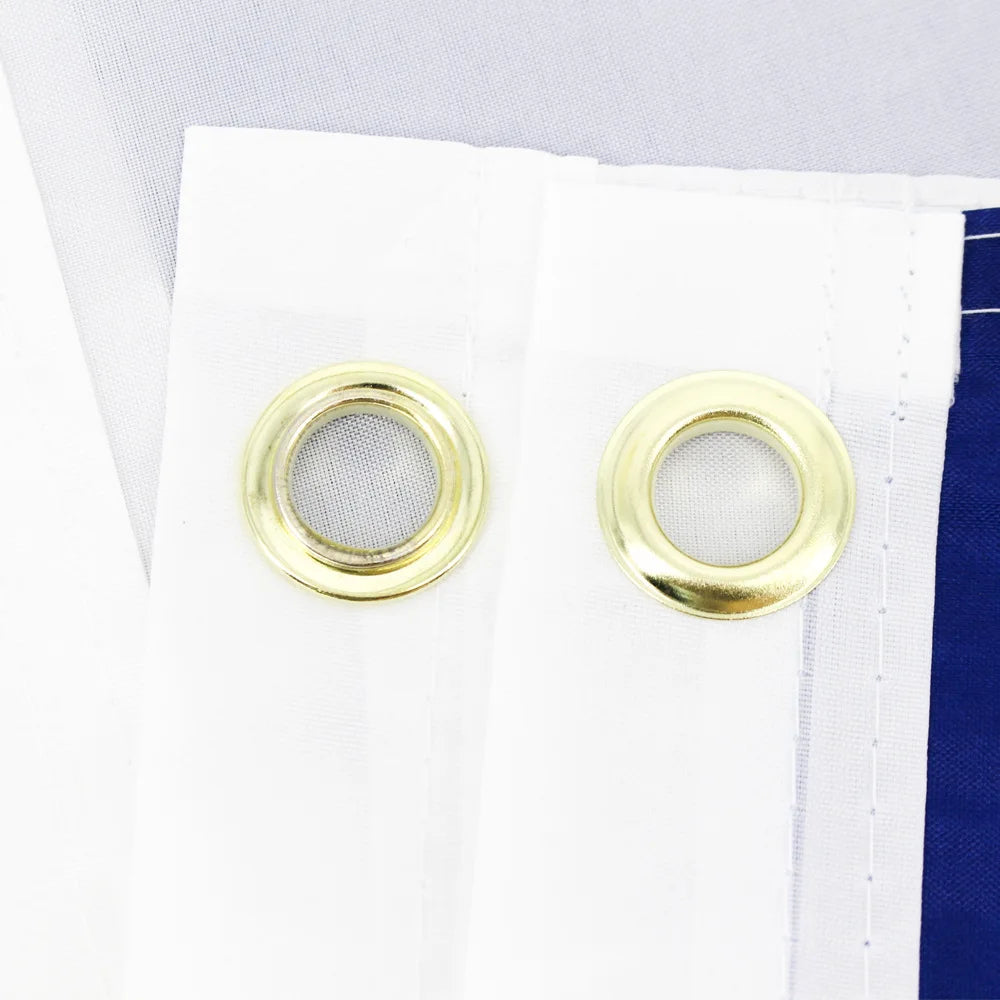 A white flag banner with a gold grommet is shown against a blue background.