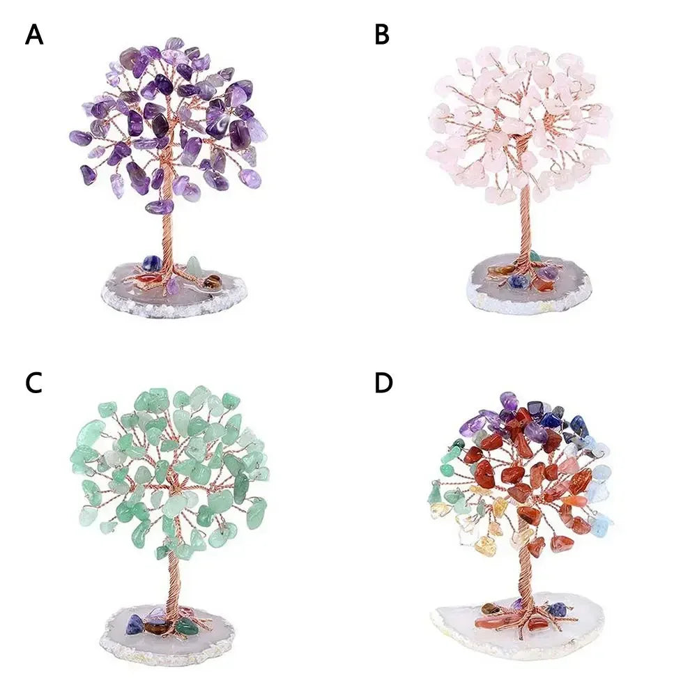 Four crystal money tree decor pieces in purple, pink, green, and multicolored arrangements.