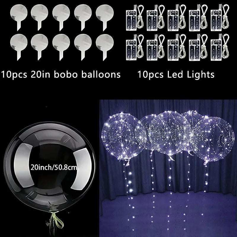 A set of 10 party balloons and 10 LED lights, including a 20-inch balloon illuminated with string lights.