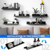 Installation guide showing two directions for a no-drill aluminum floating wall shelf.