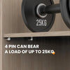 A close-up of a wooden shelf with a metal bracket supporting a weight marked 25KG.