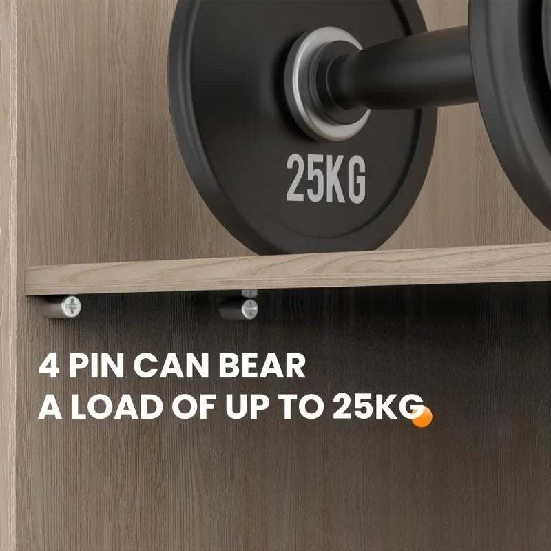 A close-up of a wooden shelf with a metal bracket supporting a weight marked 25KG.