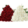 A bouquet of 50 artificial roses, half red and half white, for weddings and home decor.